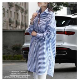 Women's Blouses Blue And White Vertical Striped Shirt For Women Showing Slimness In Spring Autumn Korean Large Size Loose