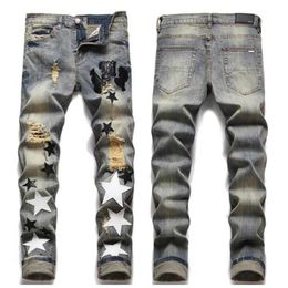 European Trend Jean Letter Star Jean Men Embroidery Patchwork Ripped Jeans Trend Brand Motorcycle Pant Mens Skinny Jeans306M