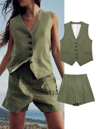 Women's Tracksuits Casual Sleeveless Waistcoat Two Piece Set Women Loose Vneck Single Breasted Vest Shorts Sets 2023 Summer Green Lady 230915