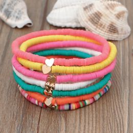 7PCS Surfer Heishi Bracelets Set Beads Strands Rainbow Gold Love Heart Charm Stretch 4mm Soft Clay Stackable Boho Wristbands Gifts LL