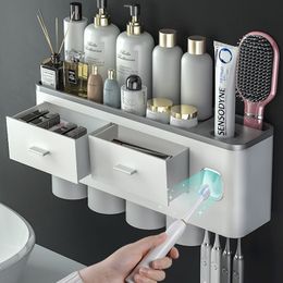 Toothbrush Holders Toothbrush Holders Wall Punch-Free Automatic Toothpaste Squeezer Dispenser Bathroom Storage Makeup Rack Accessory Mouthwash Cup 230918