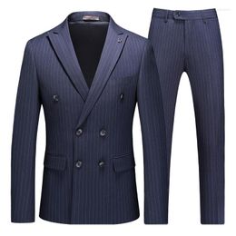 Men's Suits 3 Piece 2023 Men Slim Fit Striped Business Professional Casual Formal Set Groom Wedding Autumn Style Double-Breasted
