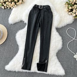 Women's Pants Autumn Winter Women Leather Korean Casual Black High Waist Female Pencil PU Slim Office Ladies Trousers