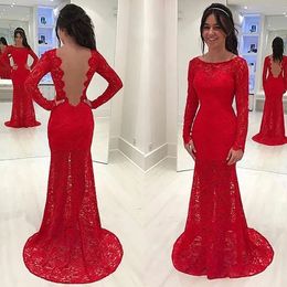 Plus Size Special Occasion Dresses Red Evening Dresses Mermaid Prom Party Gown New Custom Lace Up Zipper Lace Scoop Trumpet Long Sleeve Backless Illusion