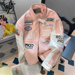 Men s Leather Faux Pink Motorcycle Jacket Unisex High Street Hip Hop Letter Embroidery Women Bomber American Baseball Uniform 230918