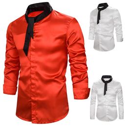 Nice Mens Shiny Silk Satin Solid Shirts With Tie Long Sleeve Slim Fit Nightclub Wear Shirt Men DJ Prom Stage Weddding Costumes290q