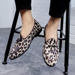 Dress Shoes Fashion Driving Slip-on Lazy Loafers Leopard Print Suede Causal Moccasin Comfortable Mules Men Pointed Retro Social