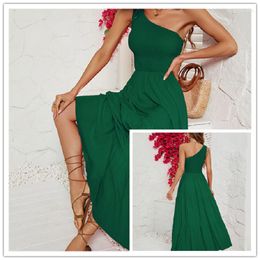 Casual Dresses Deep Green Single Colour Ruffled Summer High Quality Sundress For Women 2023 Elegant Chic Light Vestidos