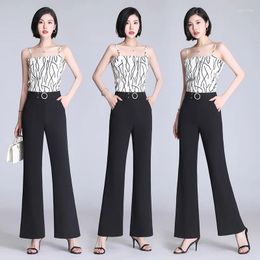 Women's Pants Black Suit Women Micro Horn Straight Slim Elastic Waist Wide Leg Pant Summer Female Ice Silk Loose Mom Big Size Trousers