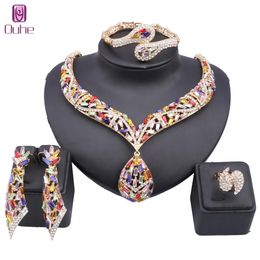 Luxury Dubai Gold Colour Jewellery Set Italy Elegant Women Crystal Necklace Earrings Ring Bracelet Bride Wedding Party Accessories