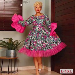 Basic Casual Dresses Elegant Plus Size Women Party Dress 4XL Hot Pink Luxury Floal Print Mesh Lady Dress Long Sleeve Female Dresses L230918