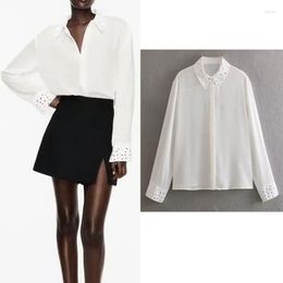 Женские блузки, белая комбинированная текстурированная рубашка для женщин, 2023, красивые рубашки с лацканами, элегантная блузка с длинными рукавами, повседневные топы