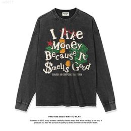 Autumn and Winter New New American Street Print Long Sleeve T-shirt Hip Hop Washed Old Fashion Brand Men's and Women's Round Neck