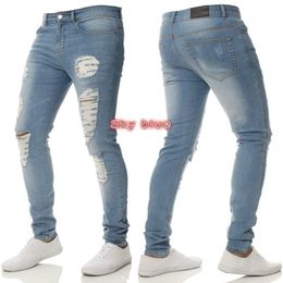 Mens Casual Skinny Jeans Pants Men Solid Black Ripped Jeans Men Ripped Beggar Slim Fit Denim With Knee Hole For Youth2509