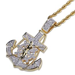 Iced Out Anchor Cross Pendant Necklace Two Tone Plated Micro Paved Cubic Zircon Mens Hip Hop Jewelry199R