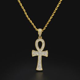 Egyptian Ankh Key of Life Gold Plated Cross Pendant Necklace Chain Charm Full Rhinestone Luxury Cross Pendant Jewelry Drop Shippin305t