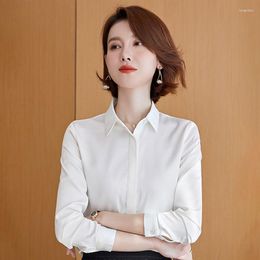 Women's Blouses Satin Hidden Hook White Shirt Formal Wear Draping Long-Sleeved High-Grade Non-Ironing Textured Spring Clothe