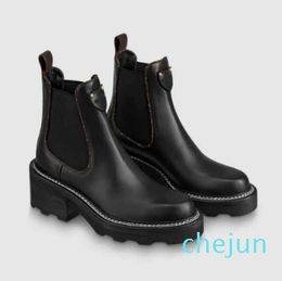 Ankle Boots Black Calfskin Leather Comabt Rubber Lug Sole Lady Booty Famous Martin Booties Party Wedding