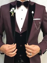 Men's Suits (Jacket Pants Vest) Burgundy Coat 3 Piece Groom Tuexdos For Wedding Formal Prom Suit Party Evening Blazer Custom Made