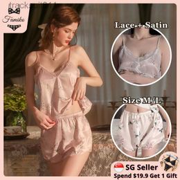 Women's Sleepwear SG Stock Fumiko Satin Floral Print 2Pcs Set Pyjamas Sexy Sleepwear Women Lingerie Top Shorts Nightwear 050 L230918