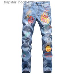 Men's Jeans Unique Mens Distressed Printed Slim Fit Jeans Fashion Ripped Graffiti Blue Biker Denim Pants Big Size Motocycle Hip Hop Trousers 19008 L230918