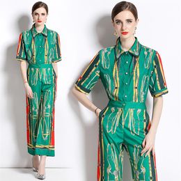 Summer Green Shirt and Pants Set Luxury Designer Two Piece Sets 2023 Women Fashion Print Short Sleeve Blouses and Wide Leg Pant El282O