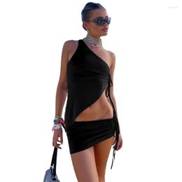 Women's Two Piece Pants Summer One Shoulder Off Vest Skirts Sets Cropped Drawstring Mini Skirt Outfits