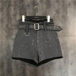 European fashion New design women's high waist with belt sashes rhinestone shinny bling patchwork loose plus size shorts trou295J