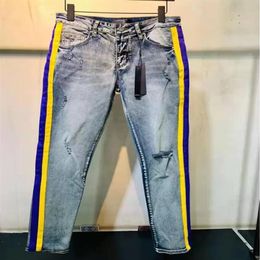 New Arrival Mens Designer Jeans Ripped Color Bag Patch Vintage Style Hole Fashion Slim Motorcycle Biker Causal Mens Hip Hop Pants276m