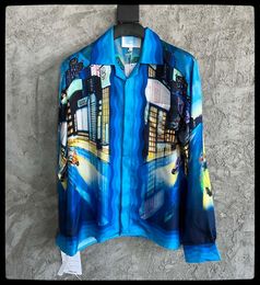 Men's casual shirt Autumn Tokyo night printing silk fabric long sleeve loose version of Europe and the United States trend shirt high-quality men's clothing