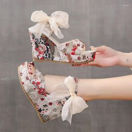 Sandals Brand Female Open Toe Platform Fashion Flower Print Lace-up Wedges High Heels Women Casual Party Woman Shoes