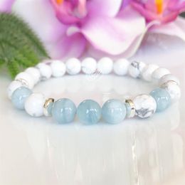 MG1091 Top Grade Aquamarine Bracelet for Women Healing Crystals Yoga Mala Bracelet Natural Howlite Gemstone Hearling Balance Brace319M