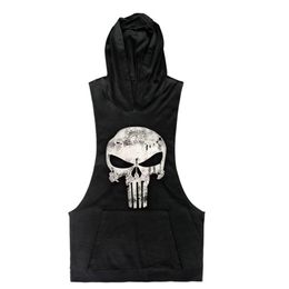 Whole- 2016 New Brand Skull sleeveless Shirt Casual Fashion Hooded Gyms Tank Top Men bodybuilding Fitness Brand Clothing270I