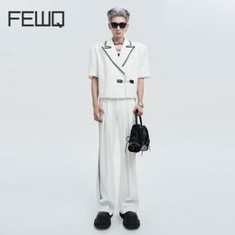 Men's Suits Blazers FEWQ Leather Button Suit Sets Male Shoulder Pad Short Sleeve Blazer Korean Fashion Side Line Pant 2023 Trendy 24B2935 230915