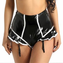 Women Lingerie Sissy Latex Panties Sexy Wet Look Faux Leather Underwear Zipper Open Crotch High Waist Shorts Clubwear Women's198O