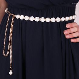 Belts 110cm Style Fashionable Metal Pearl Waist Chain Women Decoration Thin Matching Skirt Tassel Rhinestone Inlaid Belt