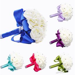 New Bridal Bouquet Wedding Decoration Artificial Bridesmaid Flower Crystal Silk Rose WF001 Royal Blue Mint White Green Lilac Cheap325S