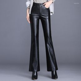 Women's Pants Pu Leather Flared Bell Bottom Women High Waist Stretch Faux Trousers Wide Leg Elegant Office Lady Culottes Palazzo 4XL 5XL