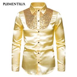 Puimentiua Sequin Shirt Men Wedding Groom Dress Long Sleeve Shirts Mens Nightclub Disco Dance Party Prom Custyme Fashion 2020320n