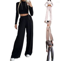 Women's Pants Women Two Piece Wide Leg Pant Set And Crop Top Autumn Casual Elegant Turtleneck Minimalist Classic Outfit Suit