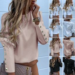 Women's Blouses Shirts Fashion Women Metal Button Long Sleeve Shirts Ladies Casual ONeck Solid Print Blouses XXXL Fall European Clothes 230918