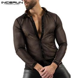 Fashion Mesh Shirts Mens Long Sleeve Turn Down Collar Camisa Leisure Transparent Clubwear Blusas Breathable Party Men's Casua214B