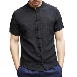 Men's Casual Shirts Summer Chinese Style Solid Colour Shirt Buckle Stand Collar Slim Fit Short-sleeved Thin