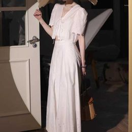 Women's Blouses 2023 Spring And Summer Pure Cotton Lace-up Hollow Embroidery White Top Women / A-line Long Skirt