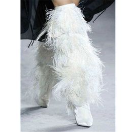 Boots Feather Women's High Suede Cross-tied Pointed Toe Party Heel Shoes Sexy Ostrich Over the Knee 220729