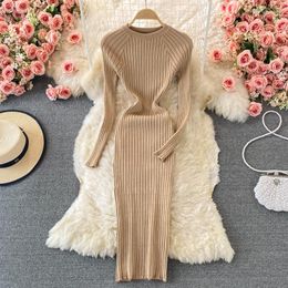 Casual Dresses For Women 2023 Elegant Sexy Metallic Ribbed Knitted Bodycon Dress Long Sleeve Crew Neck Fall Winter Midi