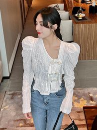 Women's Blouses Casual Button Through Blouse For Women V Neck Puff Sleeve Patchwork Tassel Shirts Female Fashion Clothing Style 2023 N816