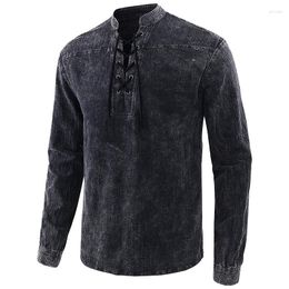 Men's T Shirts Long-Sleeved T-Shirt Spring And Autumn Lace-Up Stand-Up Collar Casual Loose Tie-Dye Top