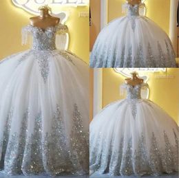 Luxury White Beaded Quinceanera Dresses Crystals Off the Shoulder Sparkly Sequins Appliqued Custom Made Sweet 16 Birthday Party Prom Ball Gown vestidos