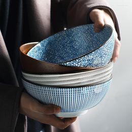Bowls Japanese Vegetable Bowl 8 Pieces Striped Ceramic Big Soup Restaurant Family Retro